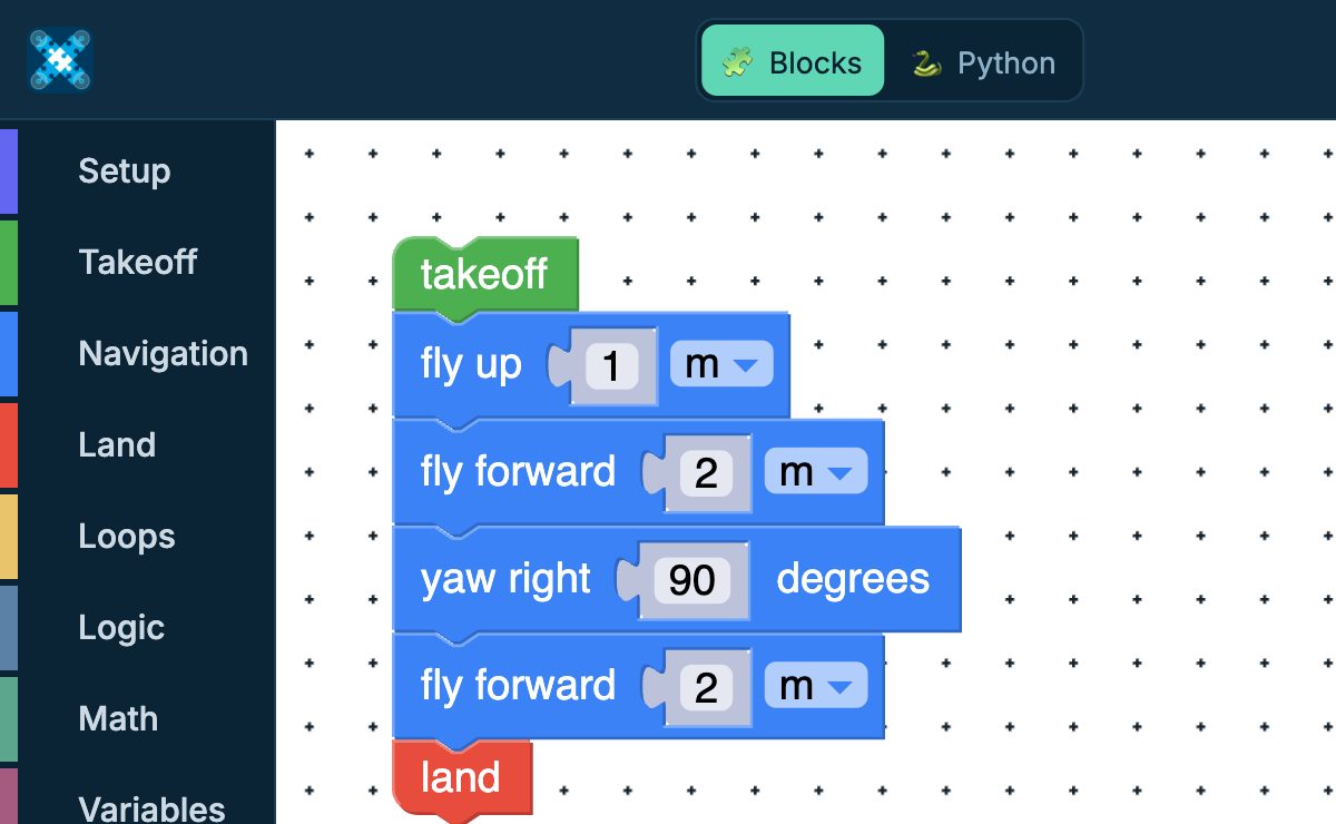 The DroneBlocks block editor: takeoff, fly up 1 m, fly forward 2 m, yaw right 90 degrees, fly forward 2 m, land.