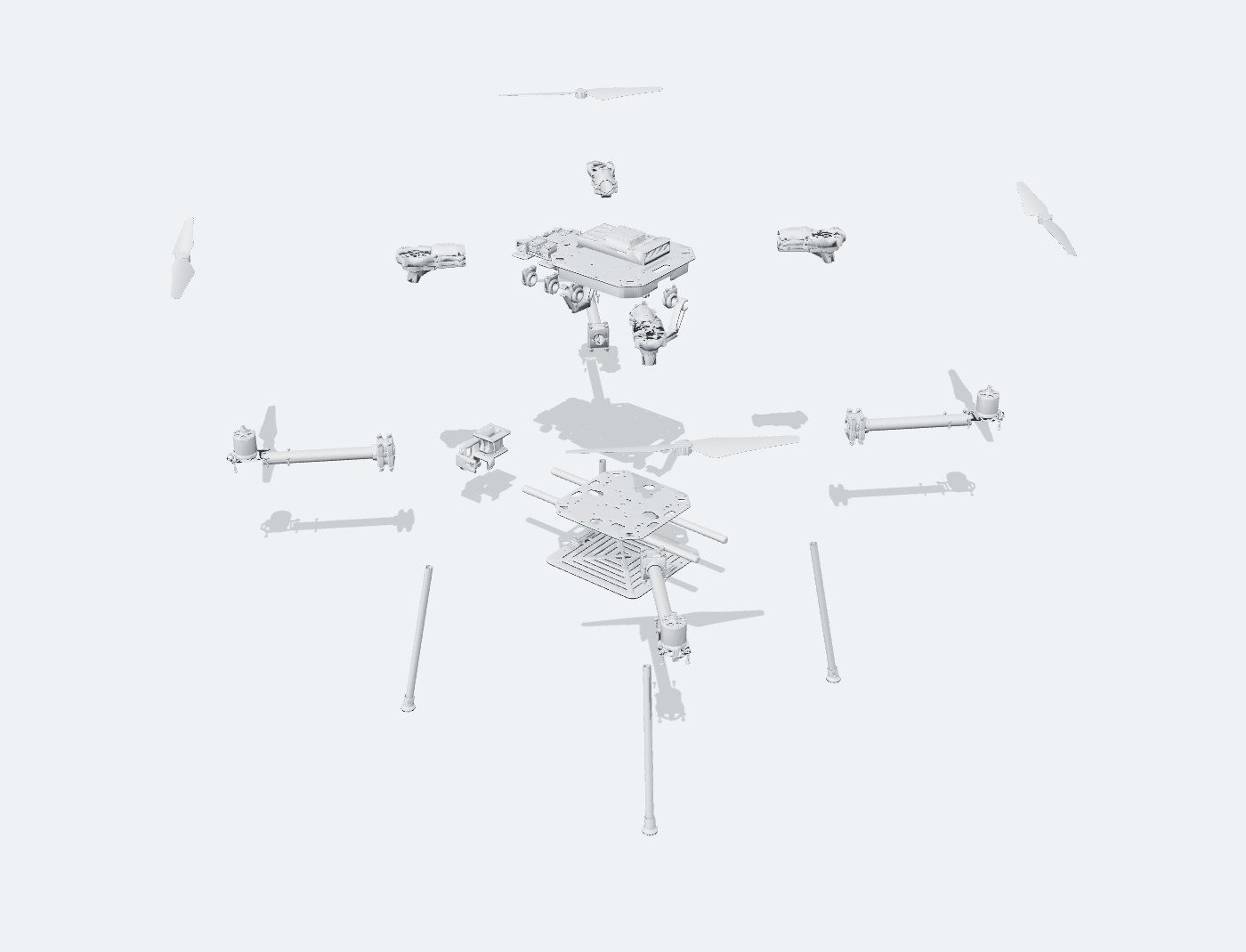 Exploded CAD render of the DEXI-10 with the frame plates, four arm assemblies, propellers, landing legs, battery tray and compute stack separated along their build axes.