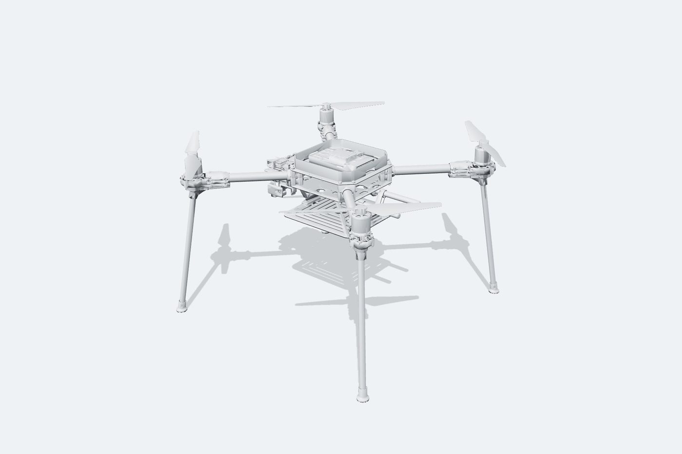 CAD render of the DEXI-10 airframe seen from three-quarters: four arms with folding propellers, tall landing legs, and the companion computer enclosure sitting on the top plate.