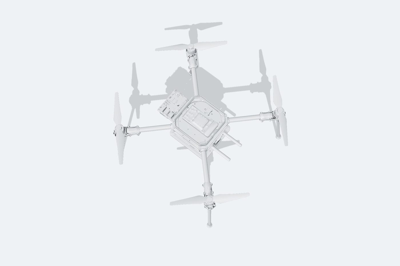 Plan view CAD render of the DEXI-10 showing the square center frame, the four arm positions and the payload area beneath.