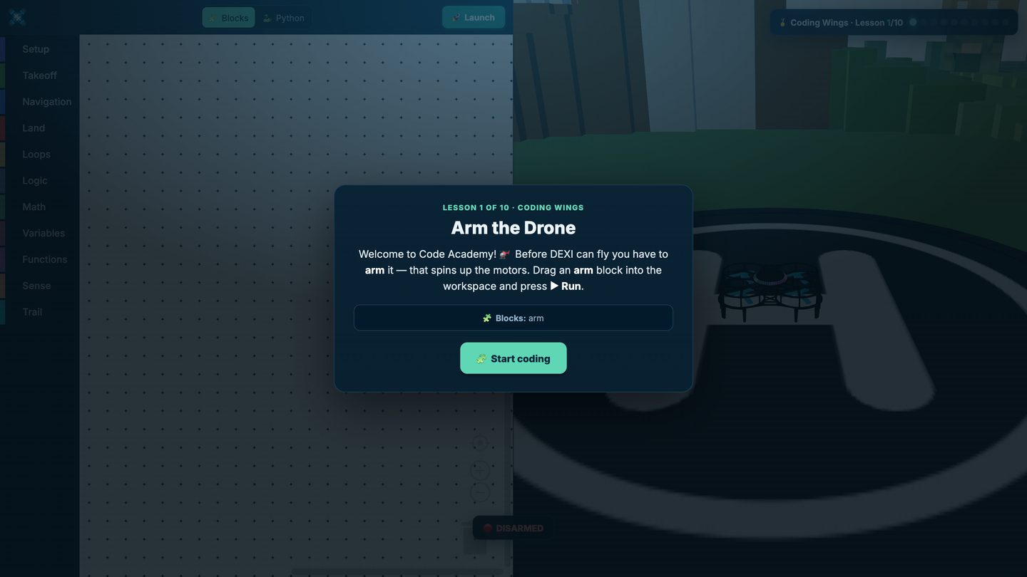 Dino Code Academy in the browser: a block palette of Setup, Takeoff, Navigation, Land, Loops, Logic, Math, Variables, Functions, Sense and Trail beside a Blocks and Python tab, with the lesson Arm the Drone open.
