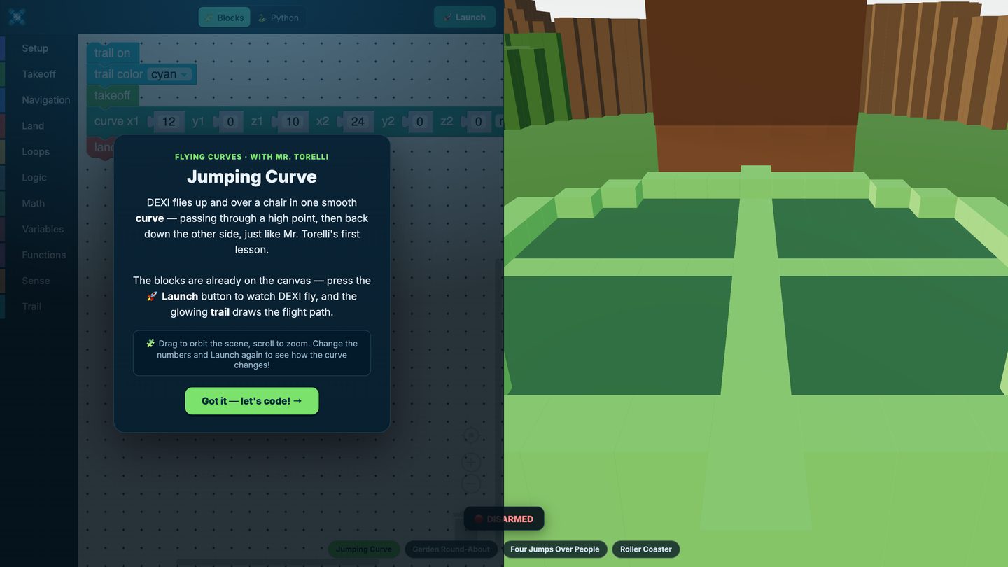 Flying Curves in the browser: trail on, trail color cyan, takeoff and a curve block with editable x, y and z coordinates sit on the canvas beside the voxel garden the drone flies through.
