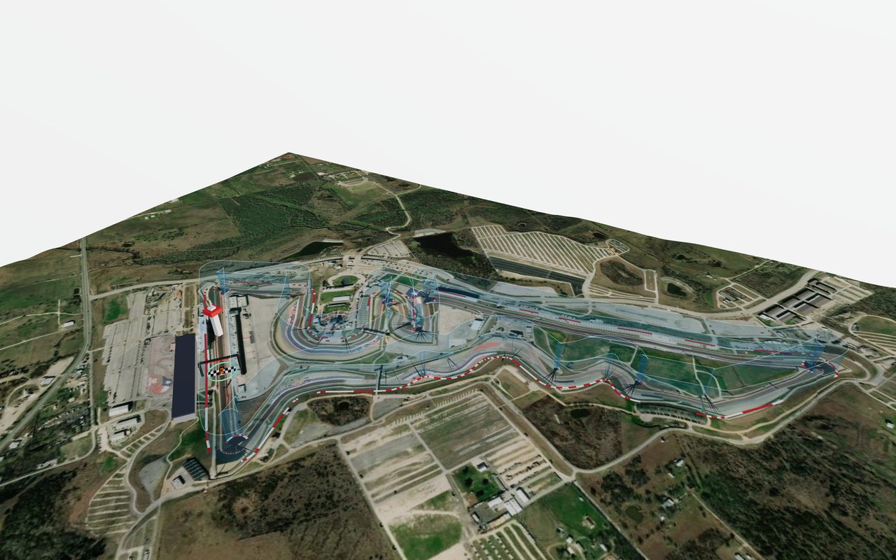 Aerial view of the Circuit of the Americas racetrack rendered from real satellite terrain.