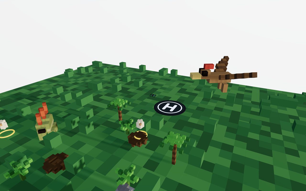 A blocky green landscape with a dinosaur and rescue rings to fly through.