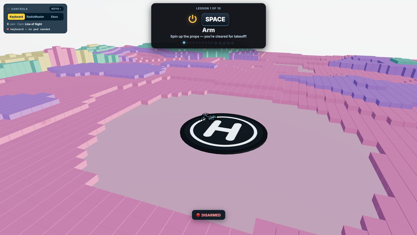 DEXI Flight Academy in the browser: lesson one of ten, Arm, with the prompt to spin up the props, a drone on a helipad in a pastel voxel world and a controls panel offering keyboard, RadioMaster or Xbox input.