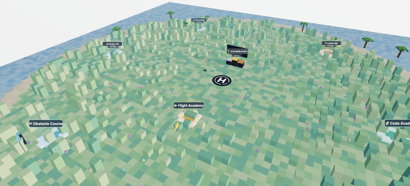 The DroneBlocks Ground School map: a shared voxel island seen from the air, with a central helipad and signposted portals to Flight Academy, Obstacle Course, Code Academy, Cargo Lift, Drone Relay, Levee Up and the leaderboard.