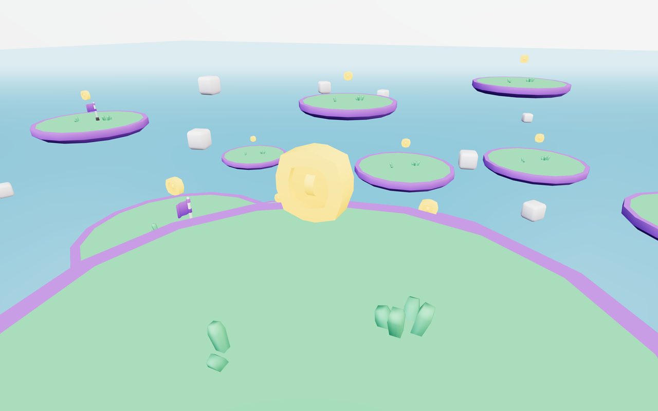 Floating grassy islands above a pale sky, connected by a curved path.