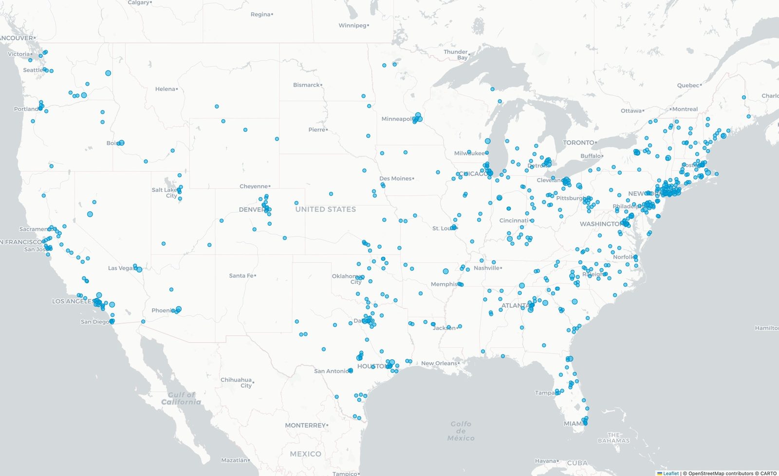 Map of the continental United States with several hundred dots marking places where DroneBlocks is used, densest along the northeast corridor, around Chicago, across Texas and Florida and down the California coast.