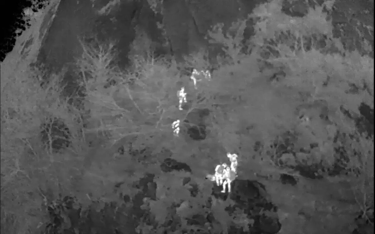 A thermal camera view of terrain with warm figures picked out in white.